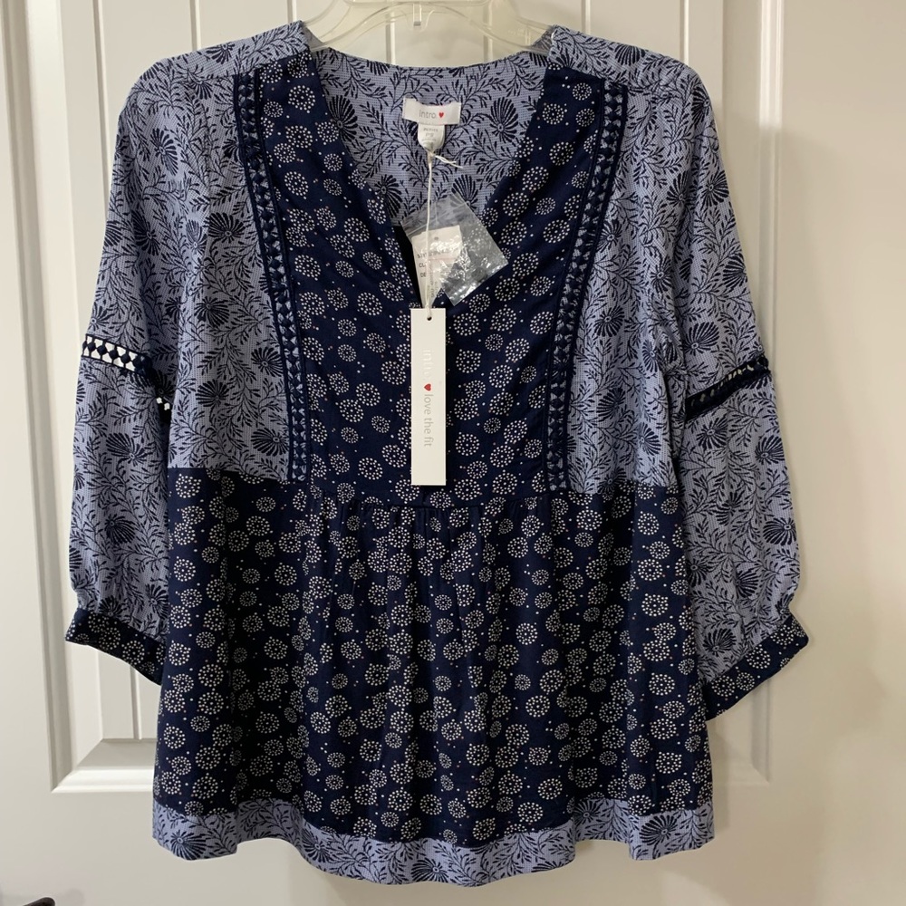 Intro blue color block peasant boho print top ps nwt empire balloon southern